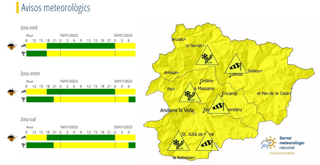 Avís groc per nevades i ventades a tot el Principat