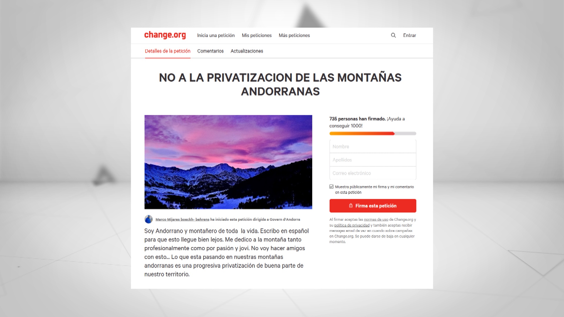 Campanya de signatures en contra de la privatització de les muntanyes