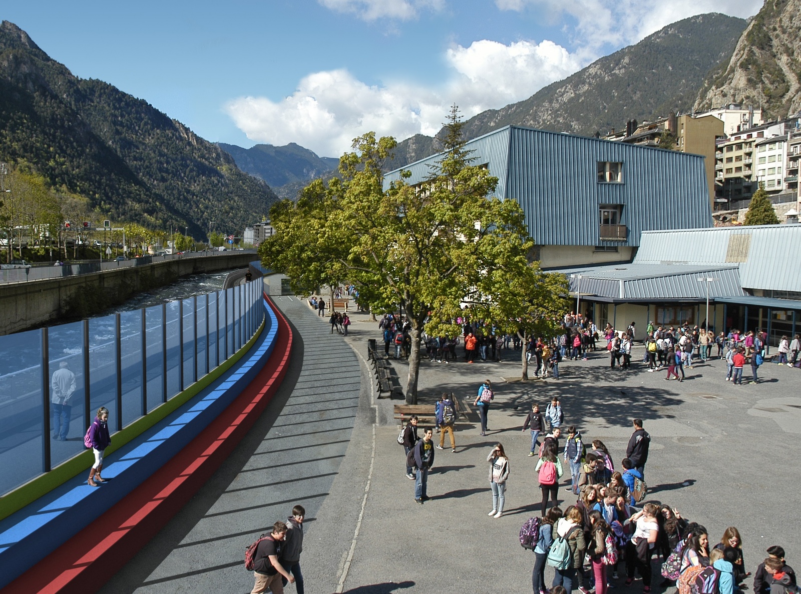 Llum verd a les obres de canalització del riu Valira a la zona del Lycée